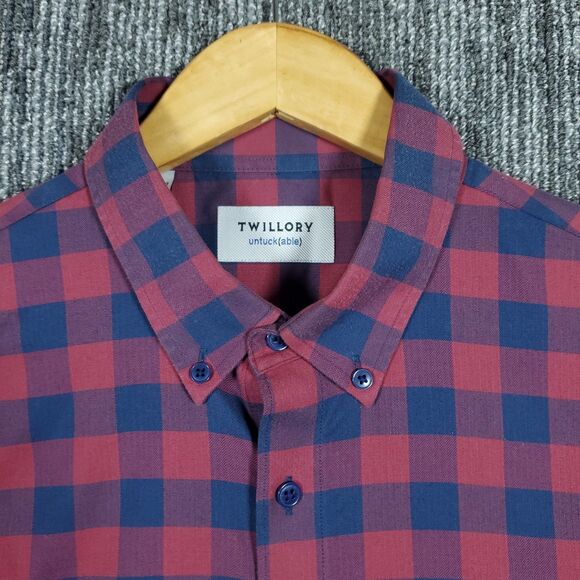 Twillory Shirt Mens XL Red Blue Plaid Button Up Untuckable Tailored Fit Cotton - Picture 1 of 13